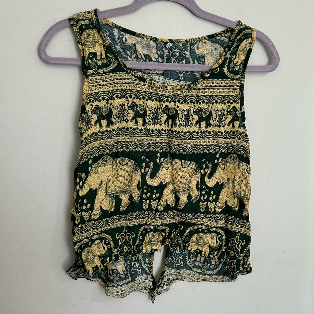 Elephant Print Boho Hippie Women’s Xs/Small Crop Top Tie Back